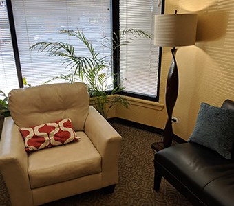 comfortable looking therapist office with beige armchair